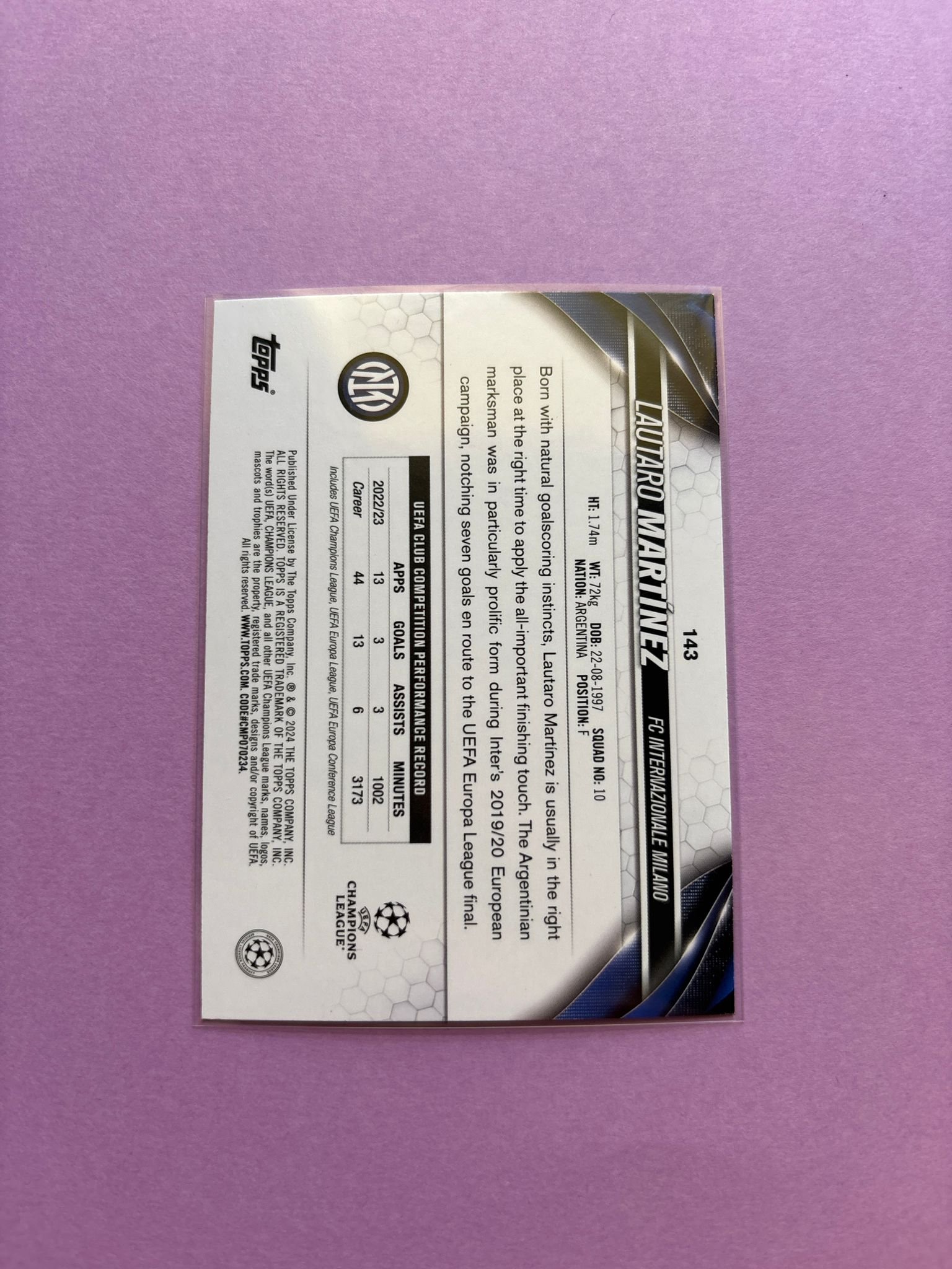 Lautaro Martínez Pink Sparkle Topps Chrome Ucc 2023/2024 - Image 2