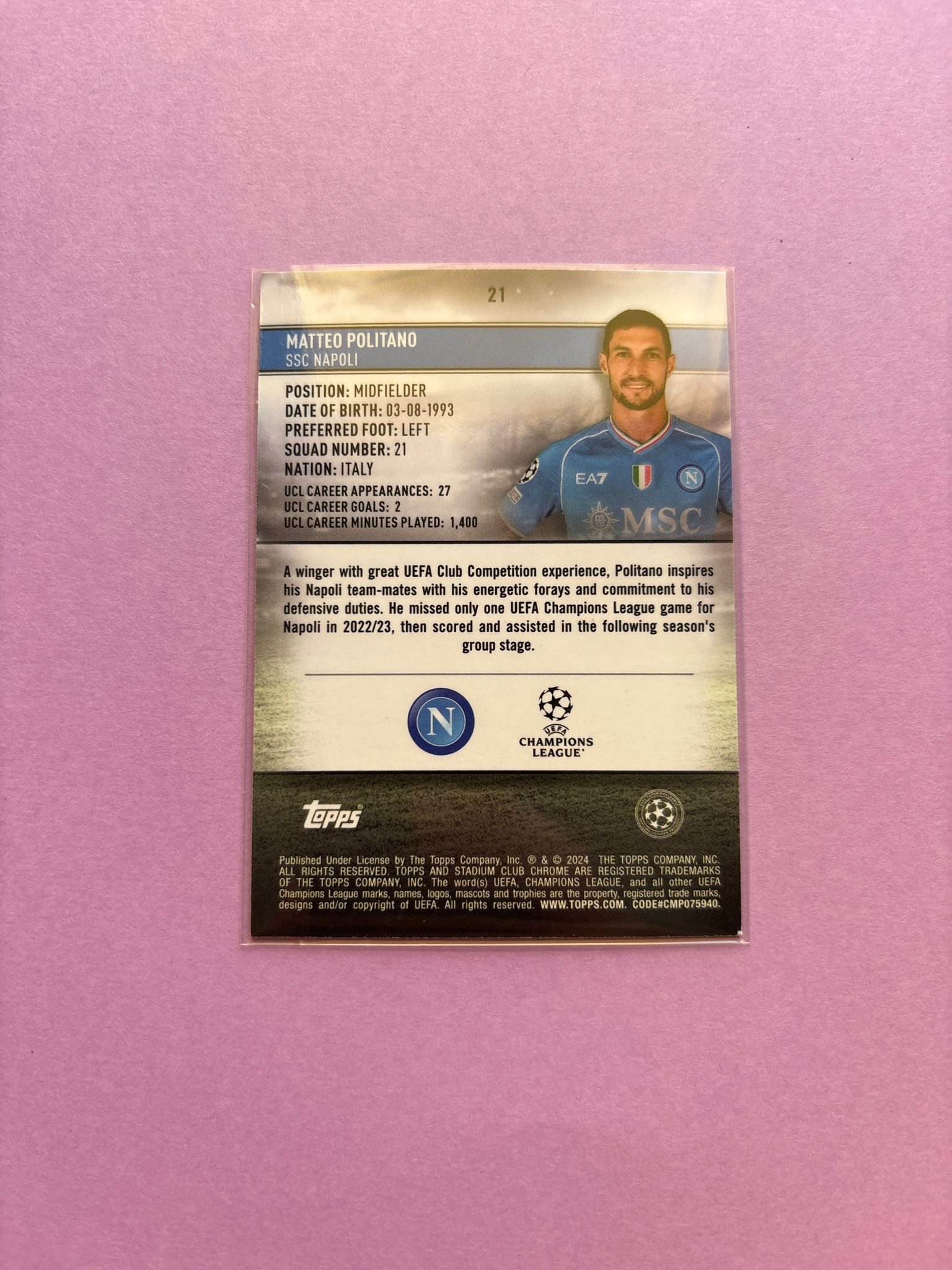 Matteo Politano Aqua Green 77/125 Topps Stadium Chrome 2023/2024 - Image 3