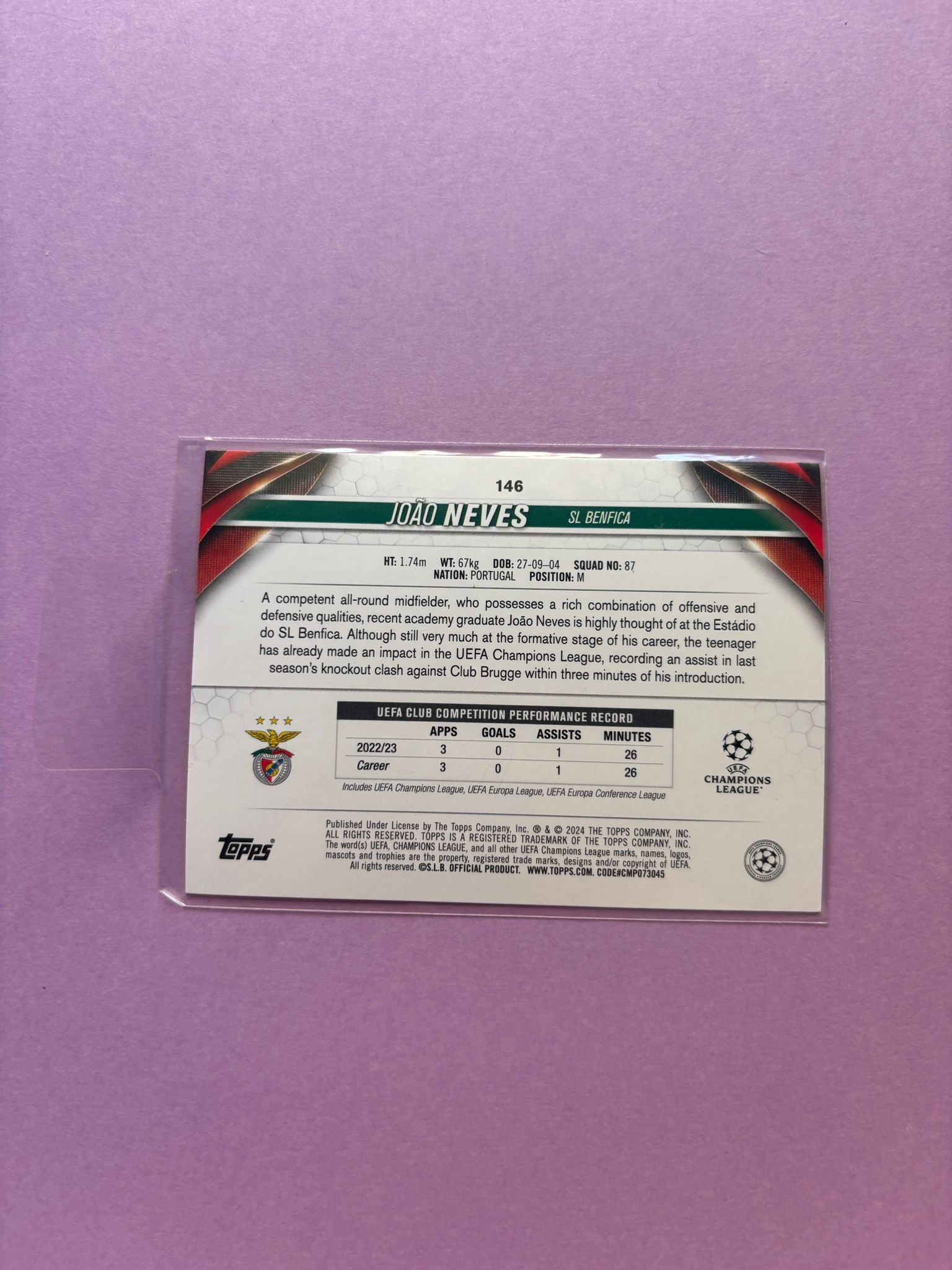 João Neves Topps Uefa Club Competitions Jade Edition 2023/2024 - Image 2
