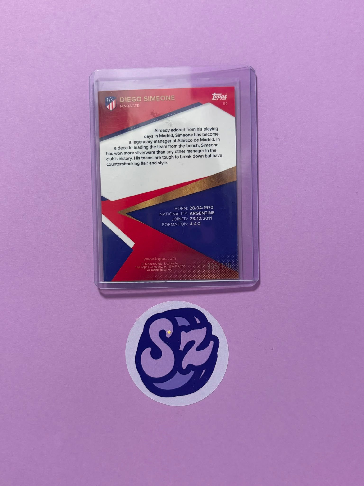 Cholo Simeone Pink 35/125 Topps Team Set Atletico de Madrid 2021/2022 - Image 3