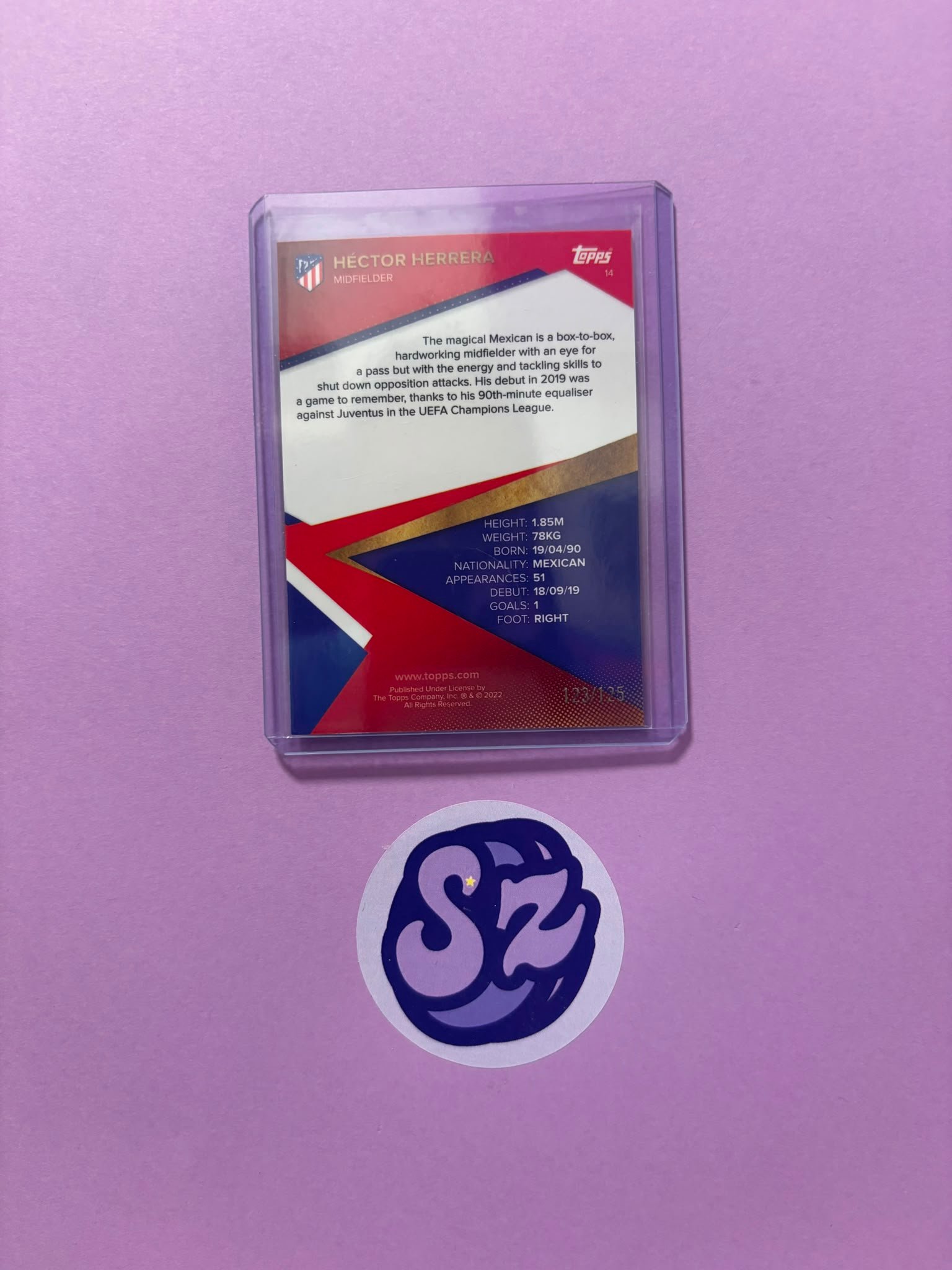 Héctor Herrera Pink 123/125 Topps Team Set Atletico de Madrid 2021/2022 - Imagen 3